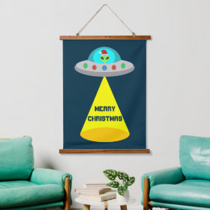 WeihnachtsUFO Ho Alien fliegende Untertasse Custom Wandteppich Mit Holzrahmen