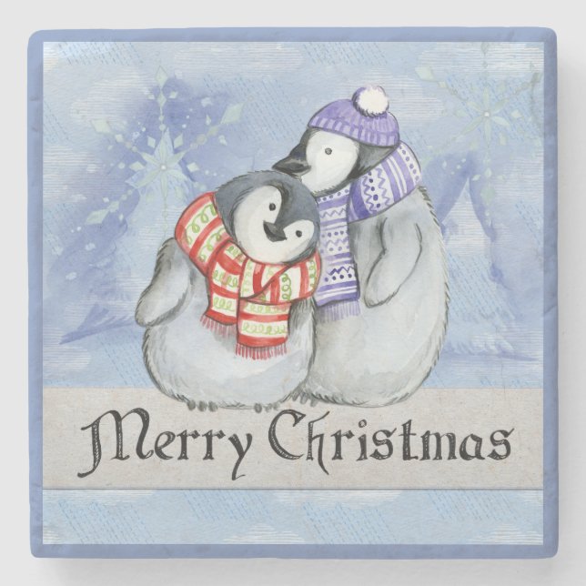 WEIHNACHTSUntersetzer. PINGUINE, SCHAL UND HUT Steinuntersetzer (Vorderseite)