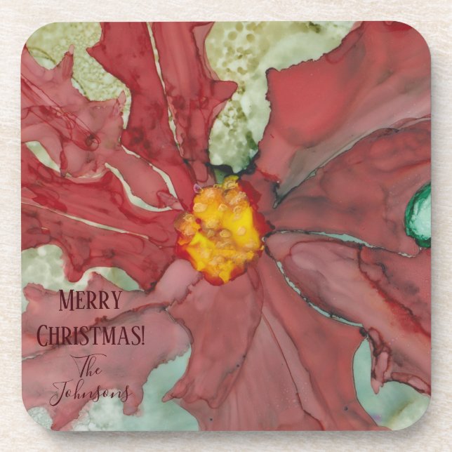 WeihnachtsUntersetzer Poinsettia Reds und Grüntöne Getränkeuntersetzer (Vorderseite)