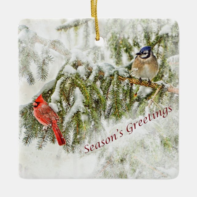 Weihnachtsverzierung mit Kardinal und blauem Jay Keramikornament (Vorderseite)