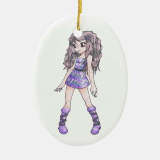 Weihnachtsverzierung mit Mädchen im lila Kleid u. Keramik Ornament