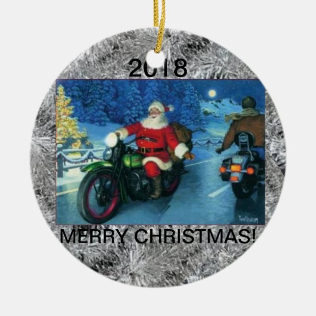 Weihnachtsverzierung/-sankt auf einem Motorrad Keramik Ornament (Vorne)