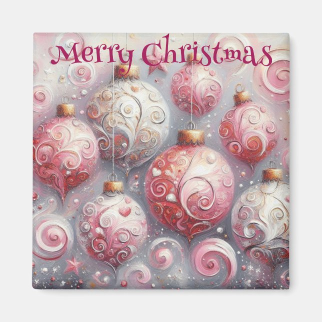Weihnachtsverzierungen Bälle Rosa Weiß mit Wirbel Magnet (Vorne)