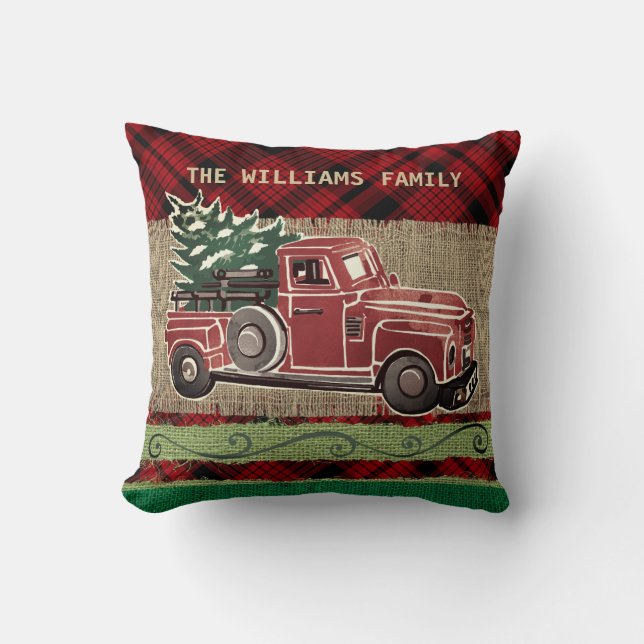 WeihnachtsVintager LKW-rote karierte Kissen (Vorderseite)