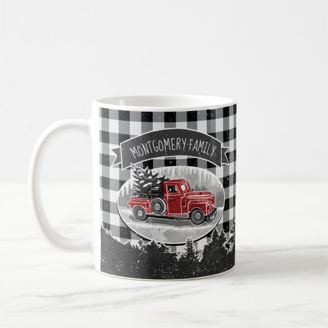 WeihnachtsVintager LKW-Schwarz-weißer Büffel-Karo Kaffeetasse (Links)