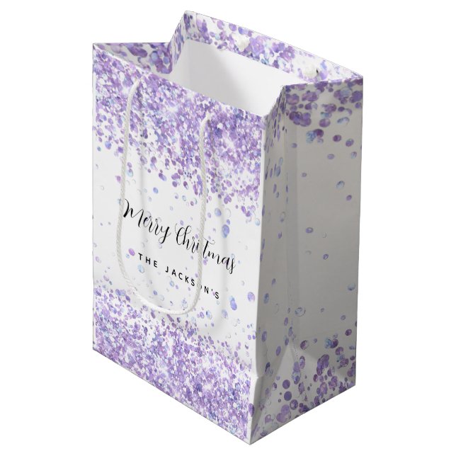 Weihnachtsviolett-Glitzern Mittlere Geschenktüte (Vorderseite Schrägansicht)