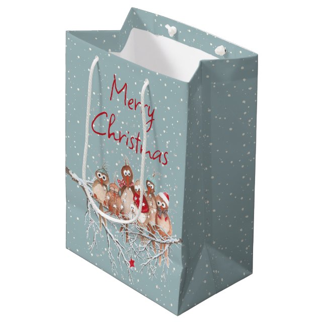 Weihnachtsvögel auf Schneeflocken Mittlere Geschenktüte (Vorderseite Schrägansicht)