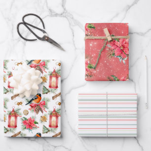 Weihnachtsvögel, Cookies, Poinsettias und Streifen Geschenkpapier Set