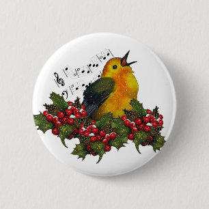Weihnachtsvogel, der mit Hollly, Beeren singt Button
