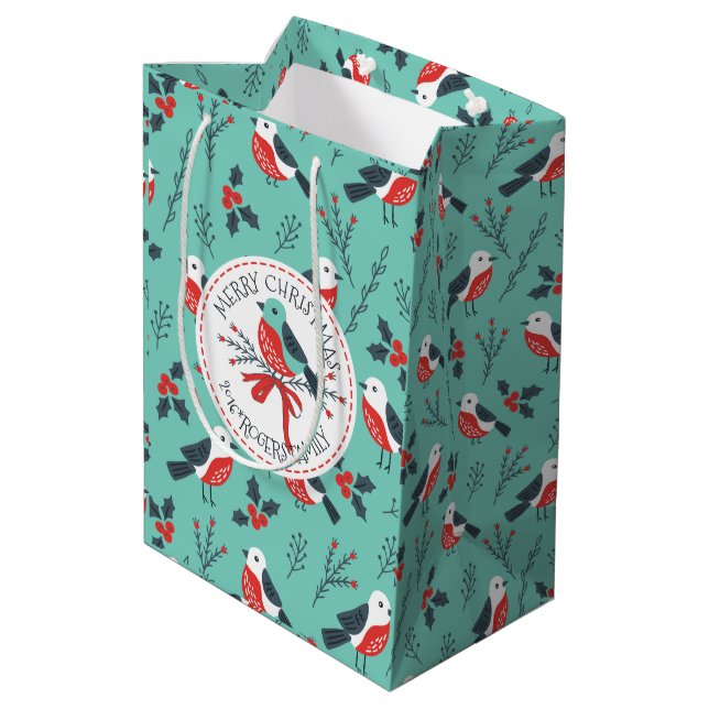 Weihnachtsvögel Frohe Weihnachtsvorlage Mittlere Geschenktüte (Rückseite Schrägansicht)