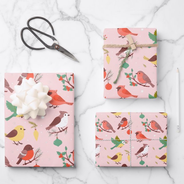 Weihnachtsvögel im Winter Geschenkpapier Set (Vorderseite)