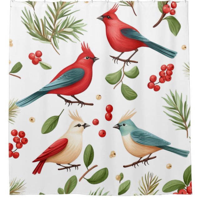 Weihnachtsvögel und Beeren Duschvorhang (Vorderseite)