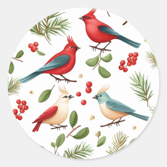 Weihnachtsvögel und Beeren Runder Aufkleber (Vorderseite)