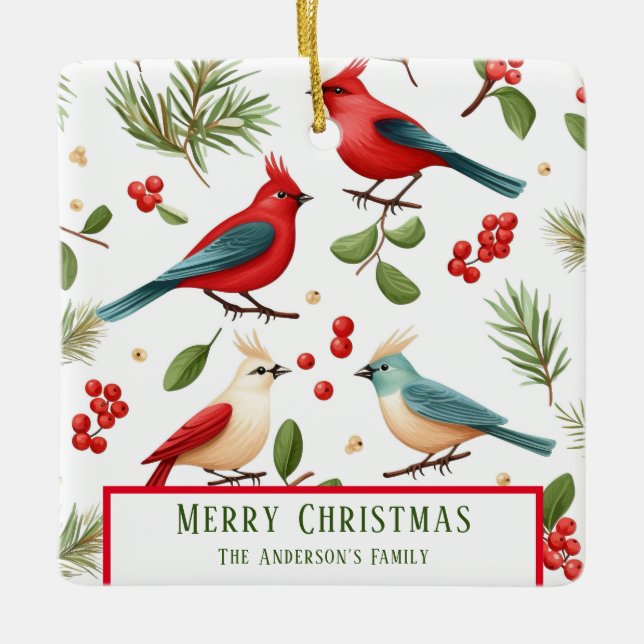 Weihnachtsvögel und Berries Custom Keramikornament (Vorderseite)
