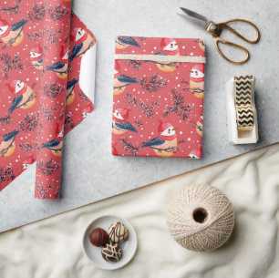 Weihnachtsvögel und Blattmuster Geschenkpapier