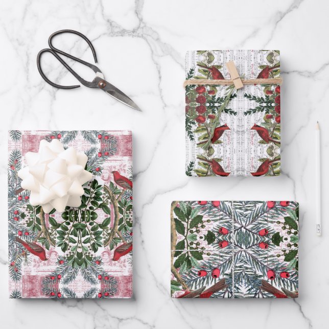 Weihnachtsvögel und Evergreens Geschenkpackung Set Geschenkpapier Set (Vorderseite)
