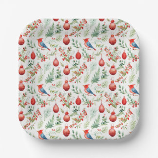 Weihnachtsvögel und rote Ornamente Pappteller