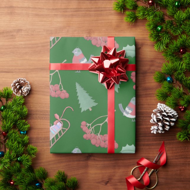 Weihnachtsvögel und Sleds Grün Geschenkpapier (Von Creator hochgeladen)