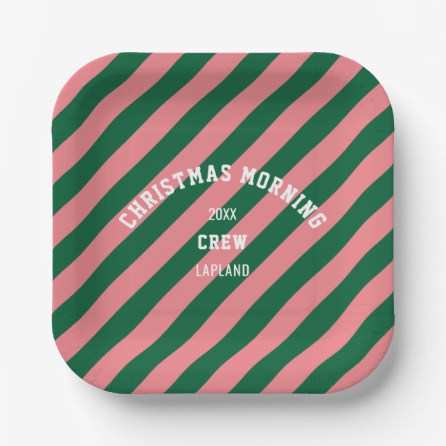 Weihnachtsvormittag Crew Grüne rosa Sandstreifen Pappteller (Vorderseite)