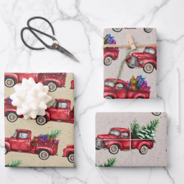 Weihnachtswagen, Baum, Geschenke auf Imitaten Kraf Geschenkpapier Set