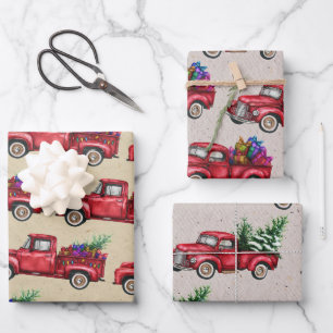 Weihnachtswagen, Baum, Geschenke auf Imitaten Kraf Geschenkpapier Set