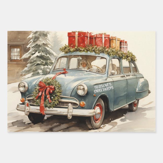 Weihnachtswagen mit Geschenken Geschenkpapier Set (Vorderseite)