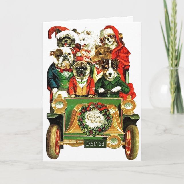 Weihnachtswagen mit Hunden Feiertagskarte (Vorderseite)