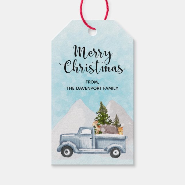 Weihnachtswagen mit Niedlichen Waldtieren Geschenkanhänger (Vorderseite)