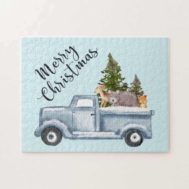 Weihnachtswagen mit Pinienbäumen und Waldtieren (Horizontal)