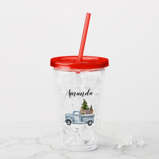 Weihnachtswagen mit Pinienbäumen und Waldtieren Acryltrinkbecher (Rückseite Ice)