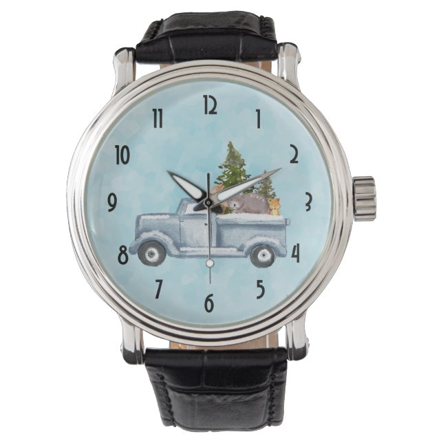 Weihnachtswagen mit Pinienbäumen und Waldtieren Armbanduhr (Vorderseite)