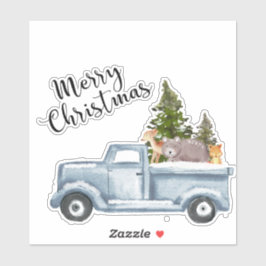 Weihnachtswagen mit Pinienbäumen und Waldtieren Aufkleber