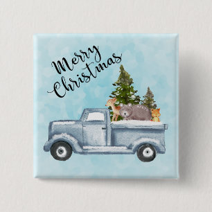 Weihnachtswagen mit Pinienbäumen und Waldtieren Button