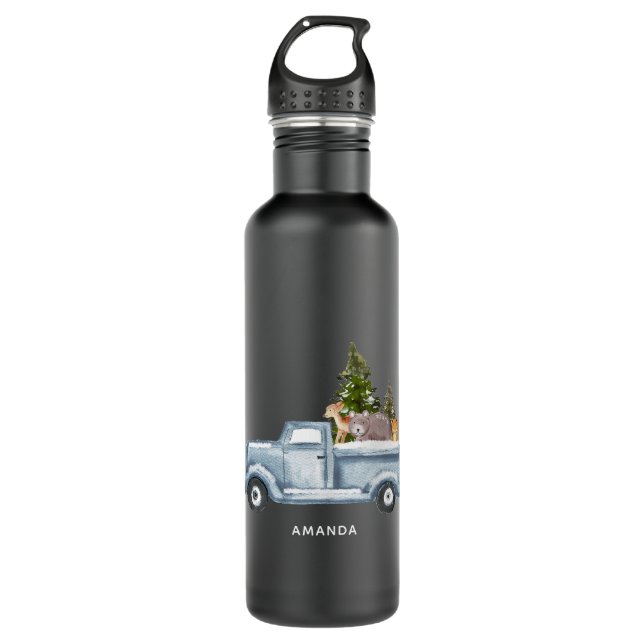 Weihnachtswagen mit Pinienbäumen und Waldtieren Edelstahlflasche (Vorderseite)