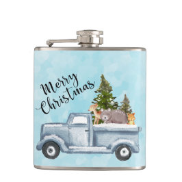 Weihnachtswagen mit Pinienbäumen und Waldtieren Flachmann