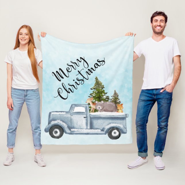 Weihnachtswagen mit Pinienbäumen und Waldtieren Fleecedecke (Beispiel)