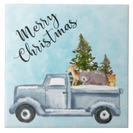 Weihnachtswagen mit Pinienbäumen und Waldtieren Fliese