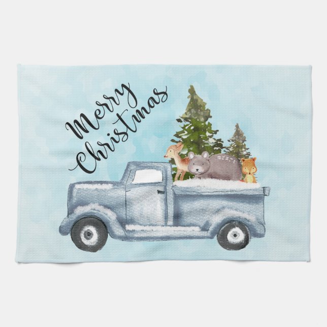Weihnachtswagen mit Pinienbäumen und Waldtieren Geschirrtuch (Horizontal)