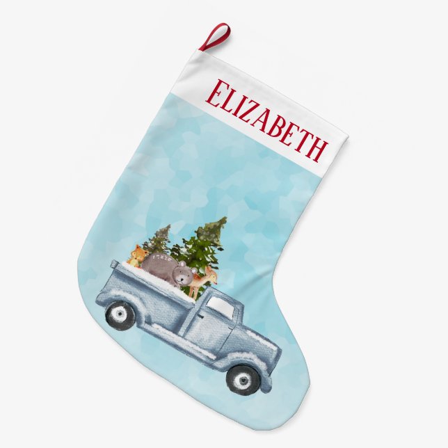 Weihnachtswagen mit Pinienbäumen und Waldtieren Großer Weihnachtsstrumpf (Vorderansicht (hängend))