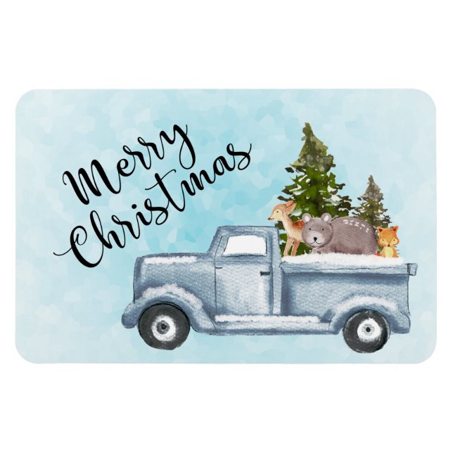 Weihnachtswagen mit Pinienbäumen und Waldtieren Magnet (Horizontal)