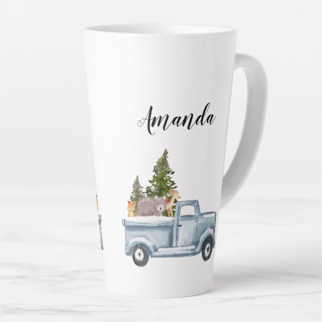 Weihnachtswagen mit Pinienbäumen und Waldtieren Milchtasse (Rechte Ecke)