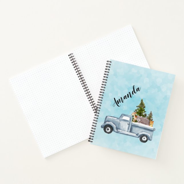 Weihnachtswagen mit Pinienbäumen und Waldtieren Notizbuch (Innenseite)