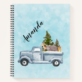 Weihnachtswagen mit Pinienbäumen und Waldtieren Notizbuch