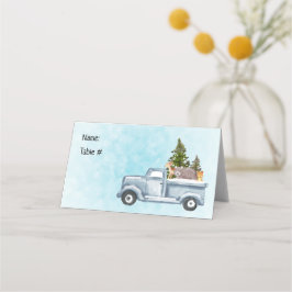 Weihnachtswagen mit Pinienbäumen und Waldtieren Platzkarte
