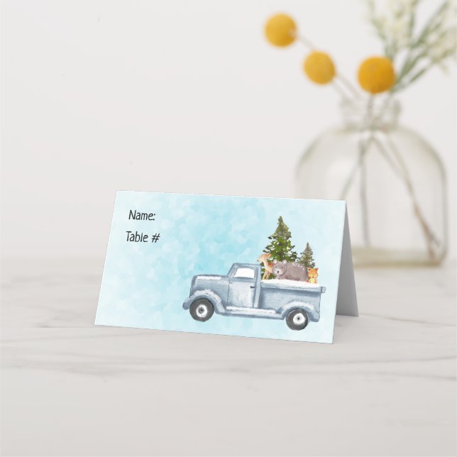 Weihnachtswagen mit Pinienbäumen und Waldtieren Platzkarte (Vorderseite)