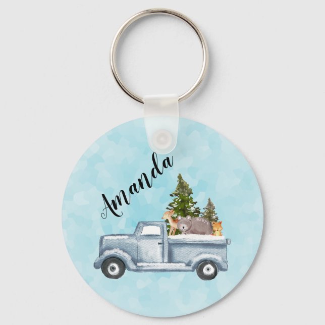 Weihnachtswagen mit Pinienbäumen und Waldtieren Schlüsselanhänger (Vorderseite)