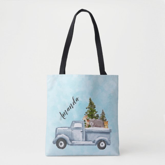 Weihnachtswagen mit Pinienbäumen und Waldtieren Tasche (Vorderseite)