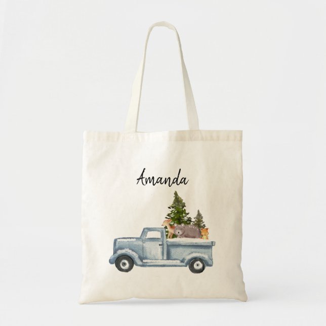 Weihnachtswagen mit Pinienbäumen und Waldtieren Tragetasche (Vorne)