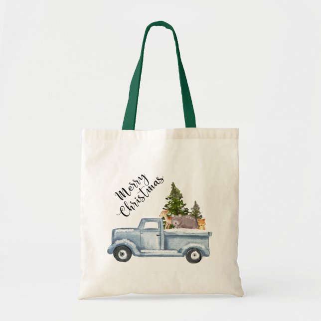 Weihnachtswagen mit Pinienbäumen und Waldtieren Tragetasche (Vorne)