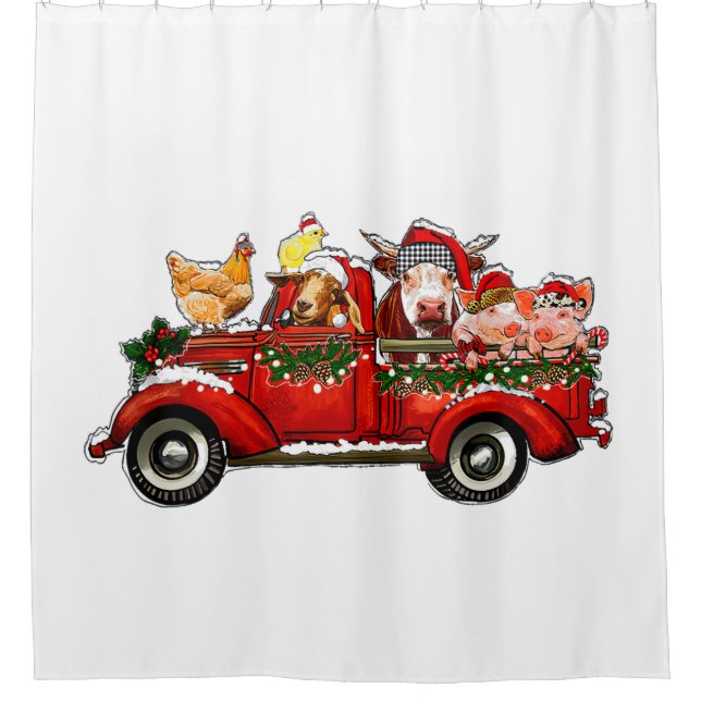 Weihnachtswagen mit Rinderhähnchen Duschvorhang (Vorderseite)